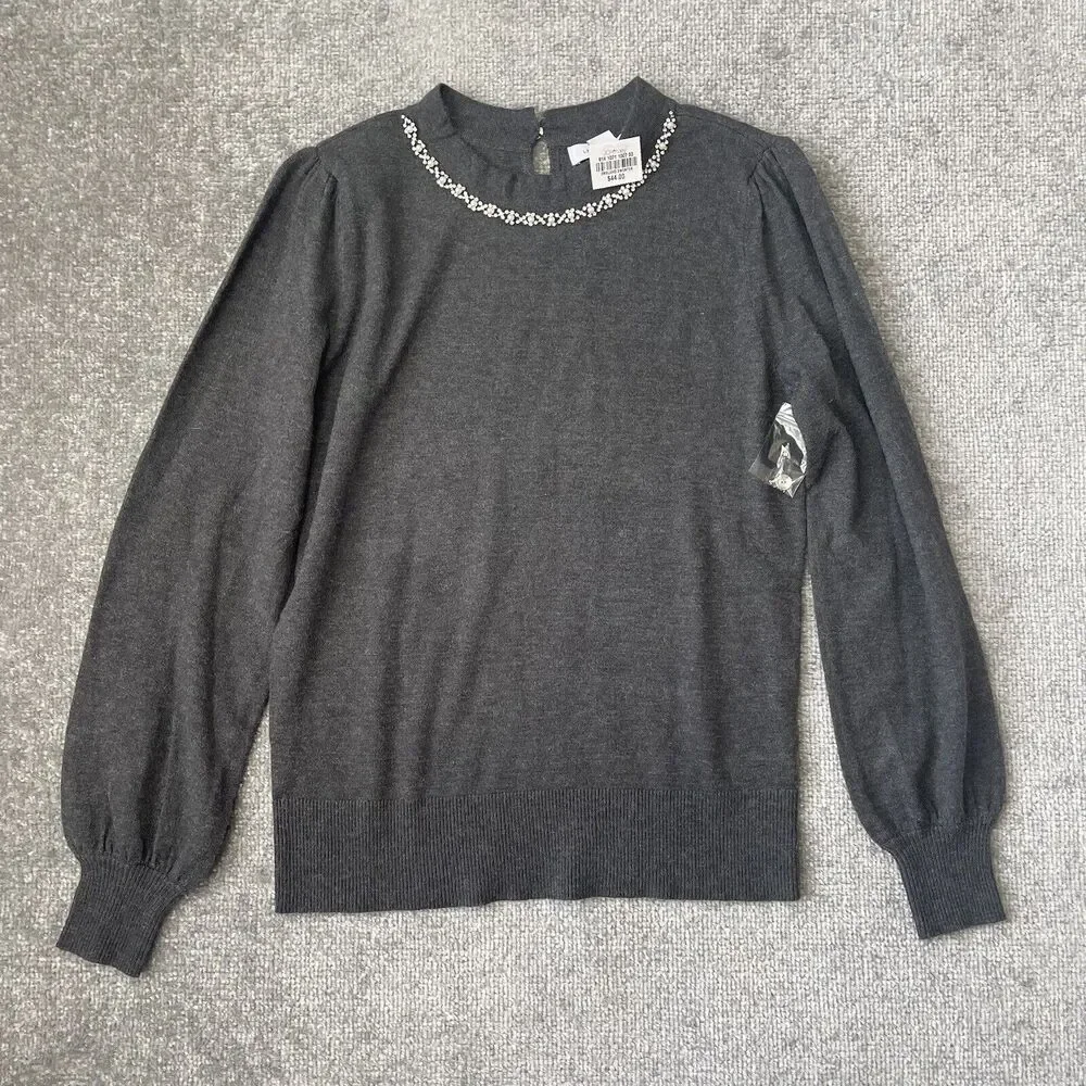 Liz Claiborne Sweater Womens XS Grey Crystal Pearl Detail Soft Knit Top NEW - Picture 1 of 9